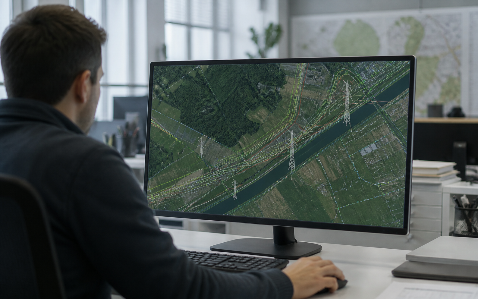GIS mapa energetickej infraštruktúry na monitore