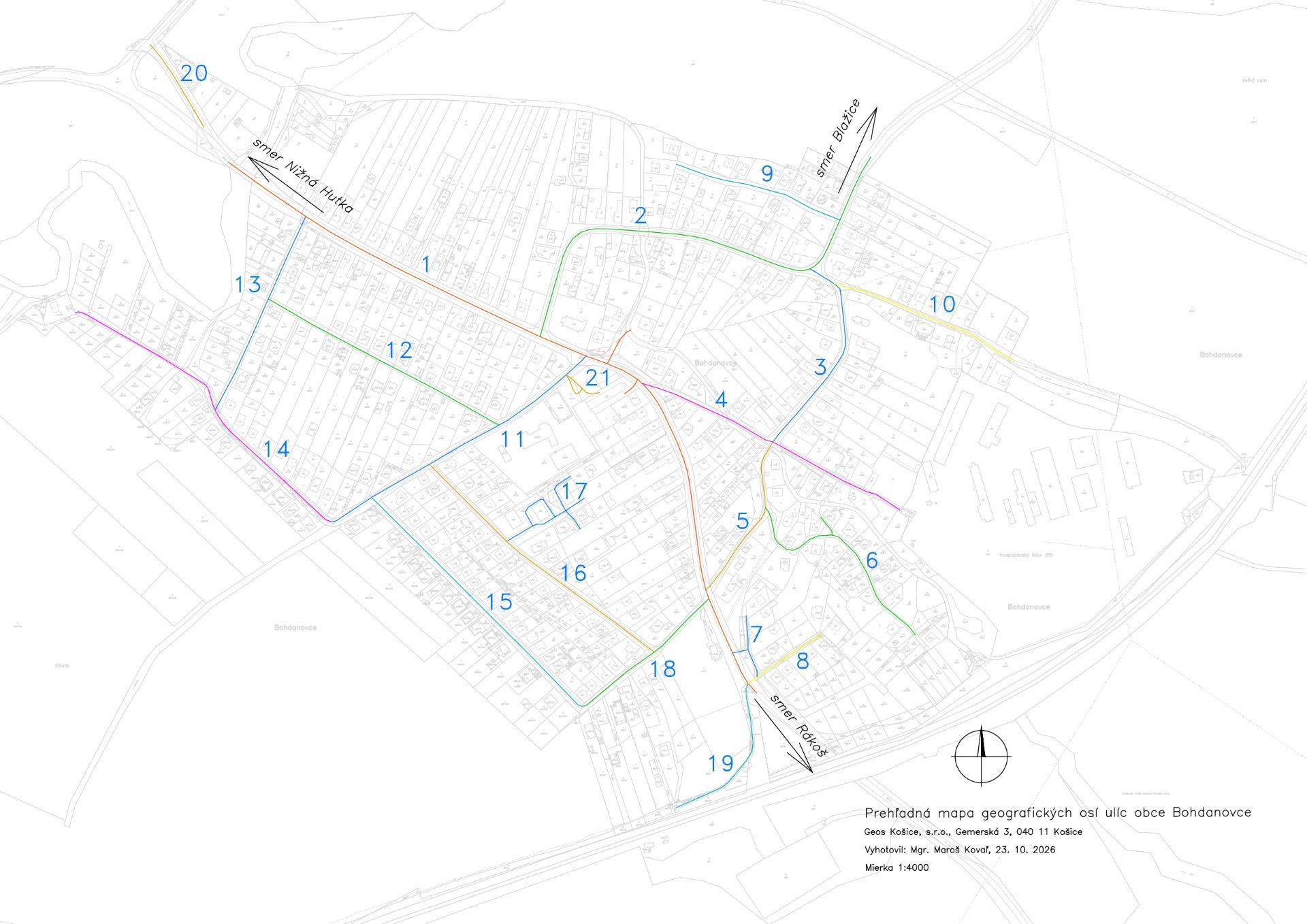 Prehľadná mapa geografických osí ulíc obce Bohdanovce